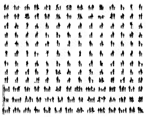Black silhouettes of families in walking on a white background
