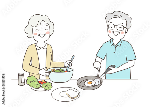Draw grandmother and grandfather cooking together.