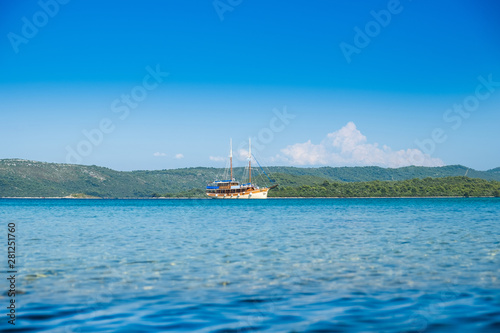 Beautiful old style traditional boat anchored on Adriatic sea in Croatia, Dugi otok archipelago