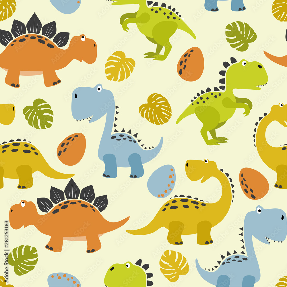 Seamless cute cartoon dinosaurs pattern. Vector colorful dino background for kids.