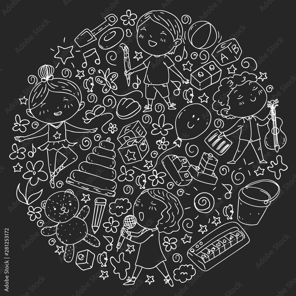 Painted by hand style seamless pattern on the theme of childhood. Vector illustration for children design. Chalk drawing on a school blackboard. Painted by hand style seamless pattern on the theme of childhood. Vector illustration for children design. Chalk drawing on a school blackboard.