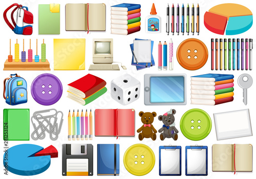 Assorted office supplies and school equipment isolated