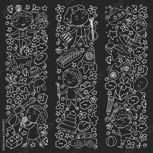 Painted by hand style seamless pattern on the theme of childhood. Vector illustration for children design. Chalk drawing on a school blackboard.