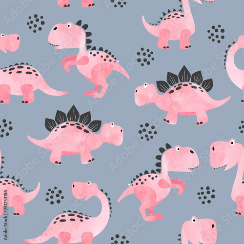 Seamless cartoon dinosaurs pattern. Vector cute dino background for kids.