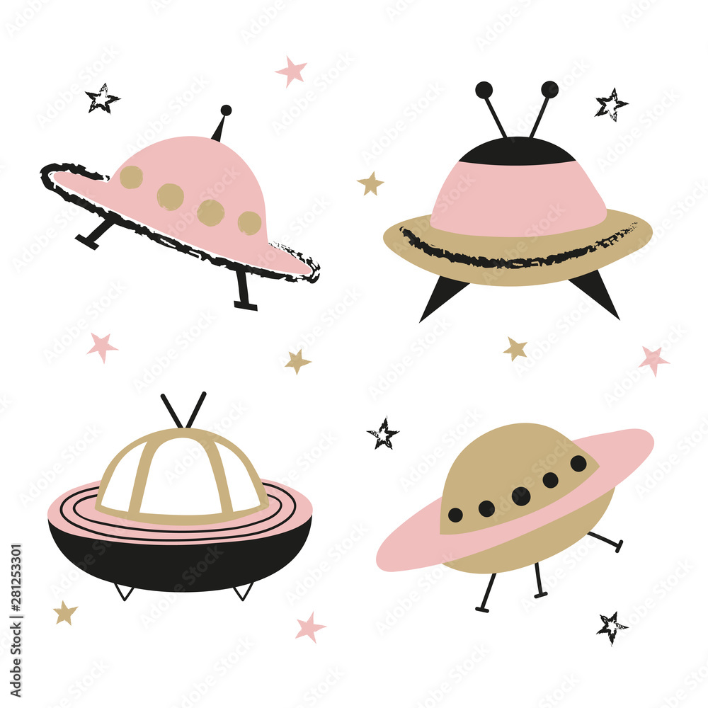Cartoon UFO spaceships set. Vector illustration for kids.