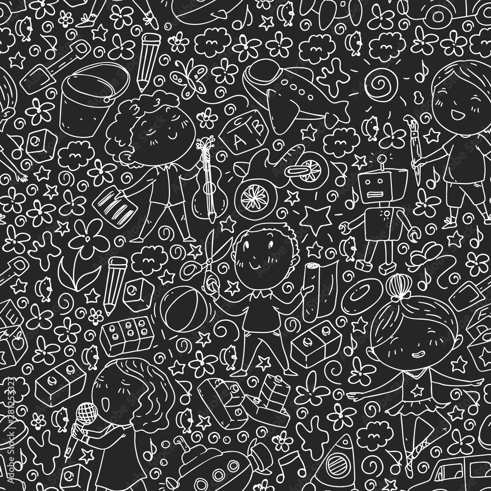 Seamless painted by hand style seamless pattern on the theme of childhood. Vector illustration for children design. Chalk drawing on a school blackboard. Seamless painted by hand style seamless pattern on the theme of childhood. Vector illustration for children design. Chalk drawing on a school blackboard.