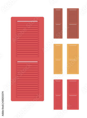 Wooden window shutters, house exterior set. Apartment interior decoration and building sunshine protection. Vector flat style cartoon illustration isolated on white background, different views, colors
