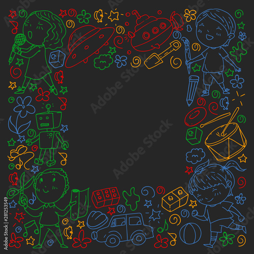 Painted by hand style seamless pattern on the theme of childhood. Vector illustration for children design. Drawing with colored chalk on a school blackboard.