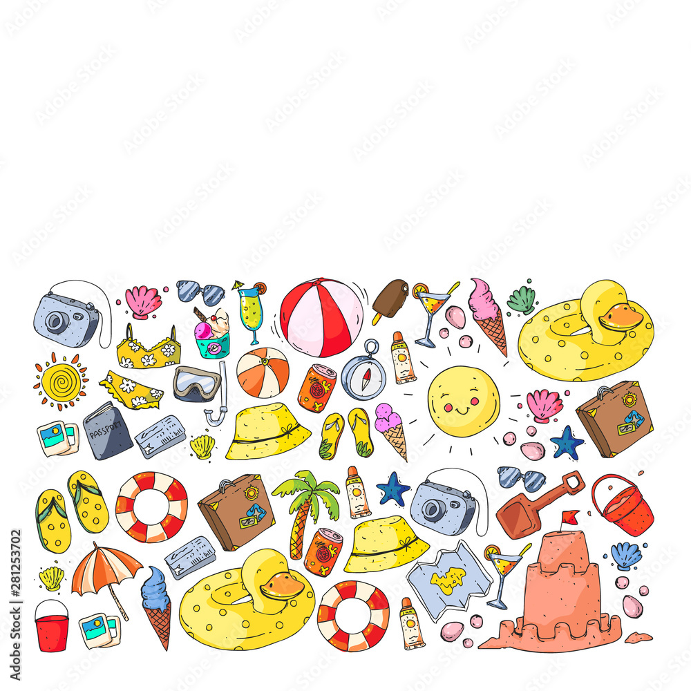 Vector pattern with travel and beach icons. Vector pattern with travel and beach icons.
