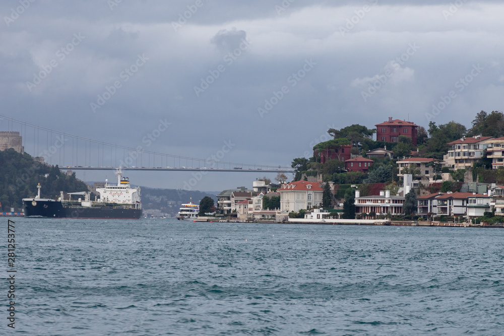 View of a dry cargo ship, Bosphorus, Asian side and some houses in a sunny cloudy day in Istanbul.
