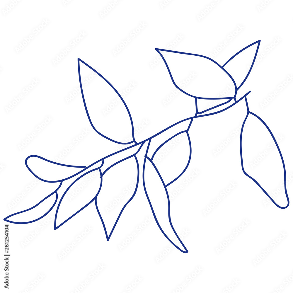 Blue mono line art of foliage on the white isolated background.