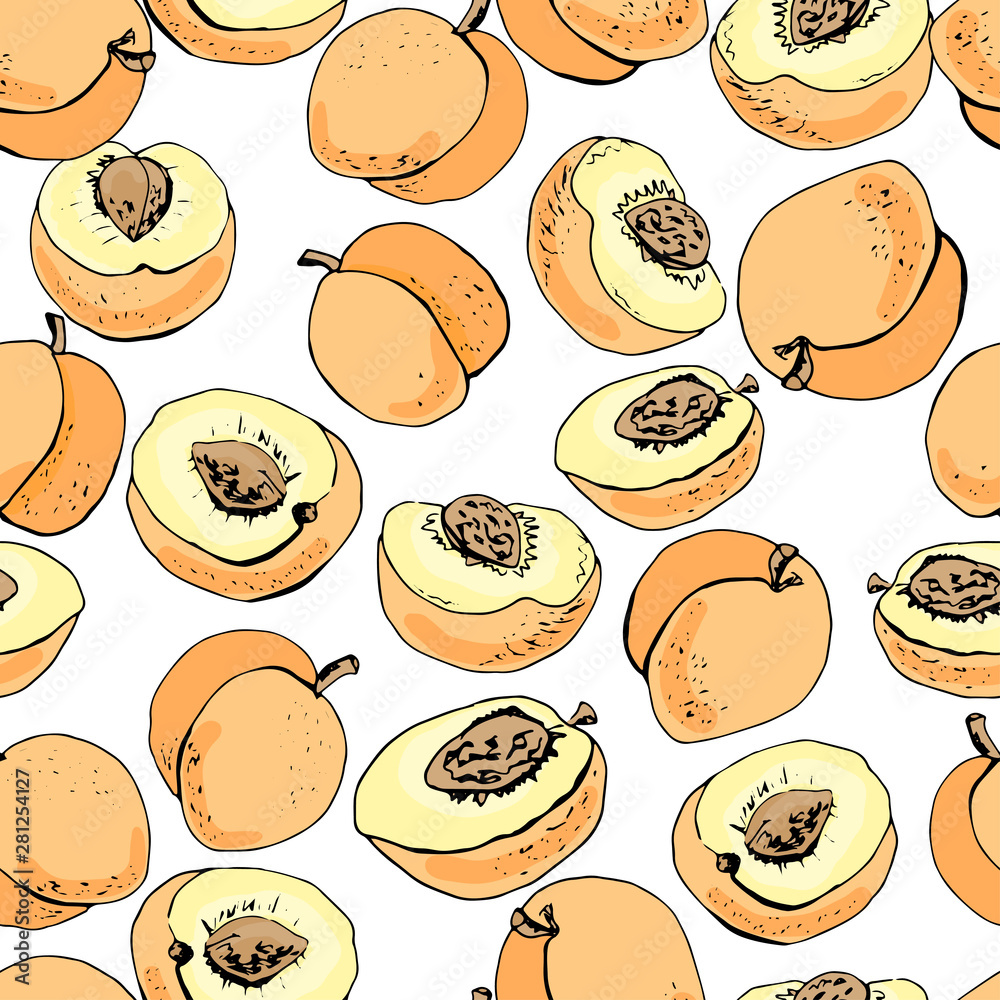 Peaches and halves peaches, seamless pattern. Vector illustration, hand drawn.
