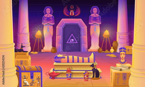 Egypt pharaoh tomb with a sarcophagus, chests, statues of the pharaoh with the ankh, a cat figurine, columns and a lamp. Vector cartoon illustration for games.