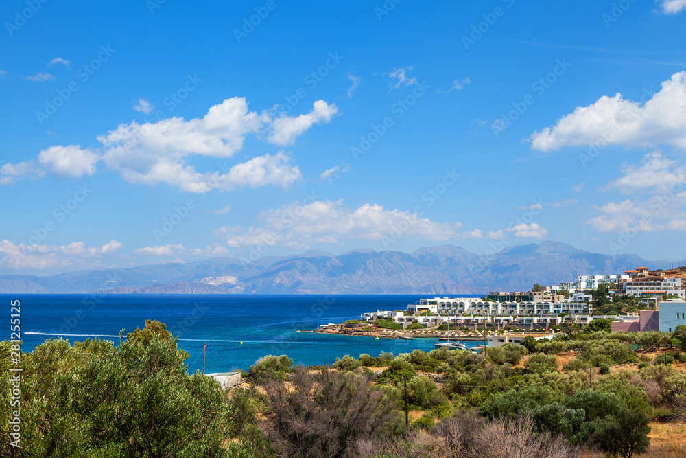 Panoramic view of the town Elounda, Crete, Greece.Paradice view of Crete island with blue water. Panoramic view of Elounda nature.