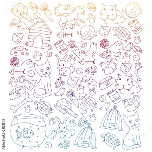 Pet shop. Vector illustration with animals, dog, cat, fish, Colorful background with kitten, bird, puppy. Veterinarian clinic.