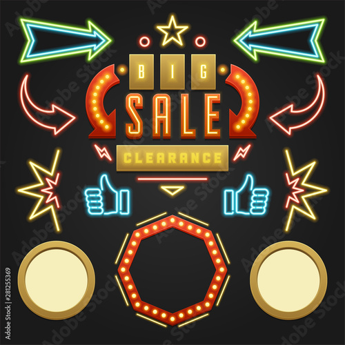 Retro showtime signs design elements set. Bright billboard signage light bulbs, frames, arrows, icons, neon lamps.