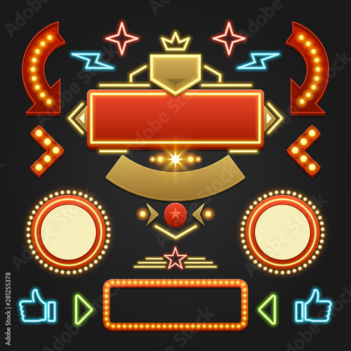 Retro showtime signs design elements set. Bright billboard signage light bulbs, frames, arrows, icons, neon lamps.