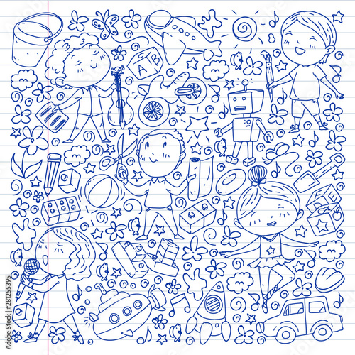 Painted by hand style pattern on the theme of childhood. Vector illustration for children design. Drawing on exercise notebook.