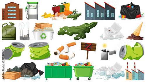 Pollution, litter, rubbish and trash objects isolated