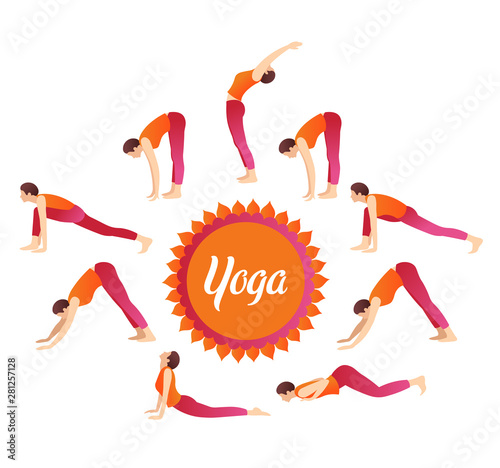 Woman doing yoga. Yoga set in flat style.