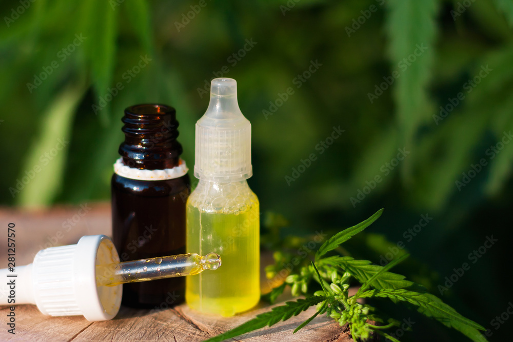 Bottle of CBD oil on cannabis background. Wellness Hemp Cannabidiol. Premium marijuana products. Medical cannabis with extract CBD. A place for copy space. Natural soft light Bottle of CBD oil on cannabis background. Wellness Hemp Cannabidiol. Premium marijuana products. Medical cannabis with extract CBD. A place for copy space. Natural soft light