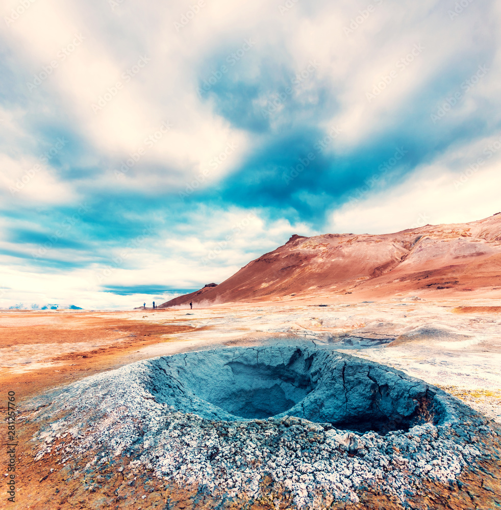 Magical dramatic scene with geothermal swamp and volcanoes  in Hverir (Hverarond) valley  in the Myvatn region. Iceland. Exotic countries. Amazing places.