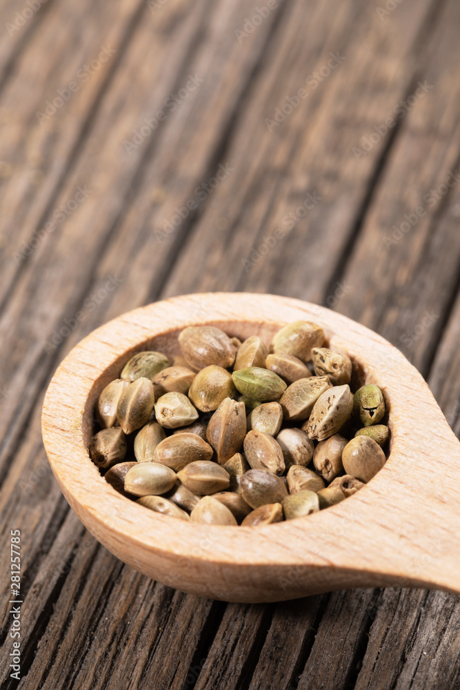 Close-up one wooden spoon with cannabis seeds on diagonal old cracked wooden boards. 