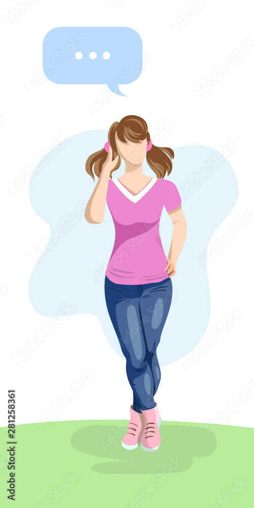 Thinking young girl with two tails. Solving problem. Vector illustration Thinking young girl with two tails. Solving problem. Vector illustration