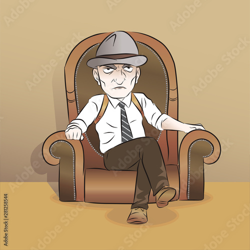 Mafia sitting on brown vintage sofa. wear hat. vector illustration isolated cartoon hand drawn background