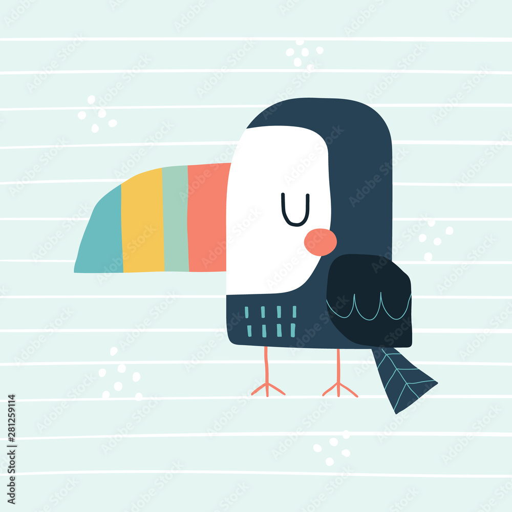 Fototapeta Cute cartoon toucan. Vector colorful illustration in a scandinavian style with simple background. Funny hand drawn poster.