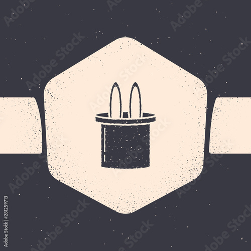 Grunge Magician hat and rabbit ears icon isolated on grey background. Magic trick. Mystery entertainment concept. Monochrome vintage drawing. Vector Illustration