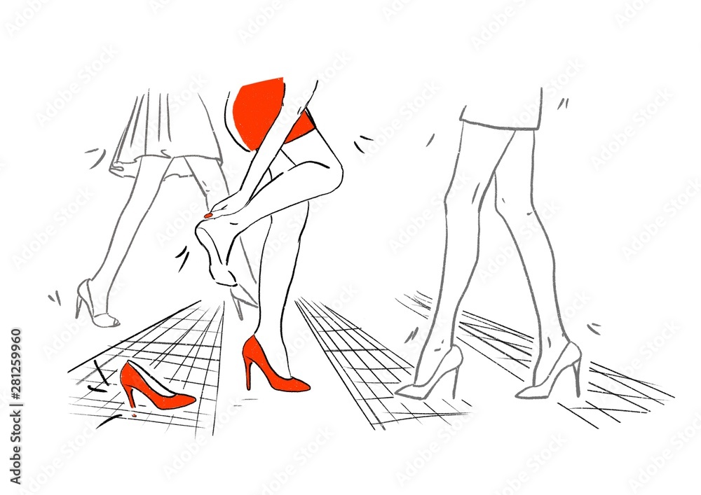 Fototapeta premium Freedom girl in dresses after night club massage wear has exhausted the concept of Girl. To read behind the rear view closeup photo of the buttocks of the ass and taking off uncomfortable shoes