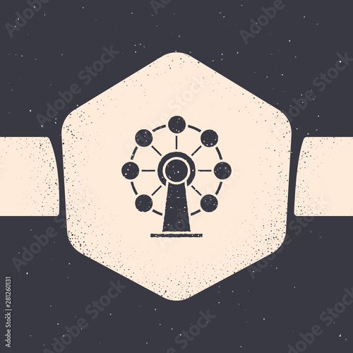Grunge Ferris wheel icon isolated on grey background. Amusement park. Childrens entertainment playground, recreation park. Monochrome vintage drawing. Vector Illustration