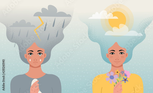 Concept good and bad mood. One girl cries with clouds, lightning, rain in her hair and a handkerchief  in her hands, another girl smiles with clouds and sun in her hair and flowers in hand.Vector