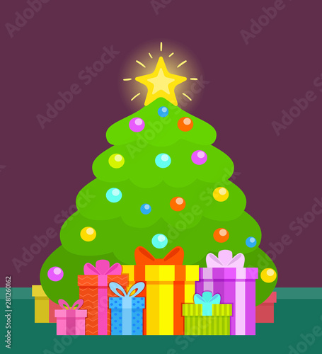 Presents under the Christmas tree. Decorated Christmas tree with lots of gift boxes. Flat style vector illustration. Gift boxes pile.