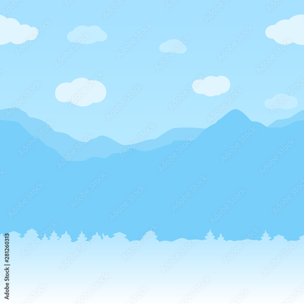 Winter seamless horizontal background with mountains and snow daylight flat style. Winter landscape.
