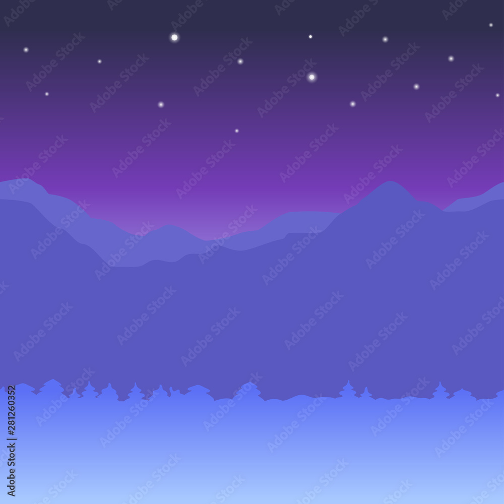 Winter seamless horizontal background with mountains and snow night flat style. Night winter landscape.