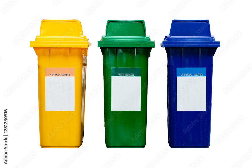 plastic recycle bins isolated on white background , yellow green and blue plastic recycle bins isolated on white background , yellow green and blue