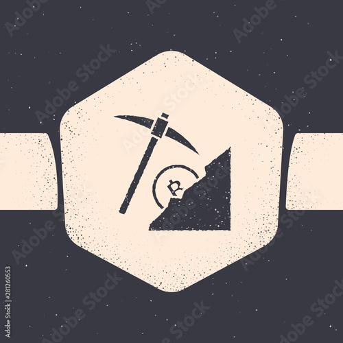 Grunge Cryptocurrency cloud mining icon isolated on grey background. Cloud with pickaxe, bitcoin, digital money market, cryptocoin wallet. Monochrome vintage drawing. Vector Illustration