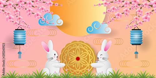 Paper art of mid autumn festival greeting card, banner with cute rabbit, mooncake, light bulb and cherry blossom. Vector illustration