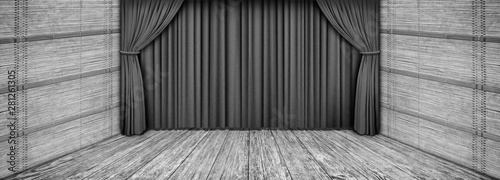 High resolution gray rustic wooden theatre scenery with lowered curtain and empty front stage