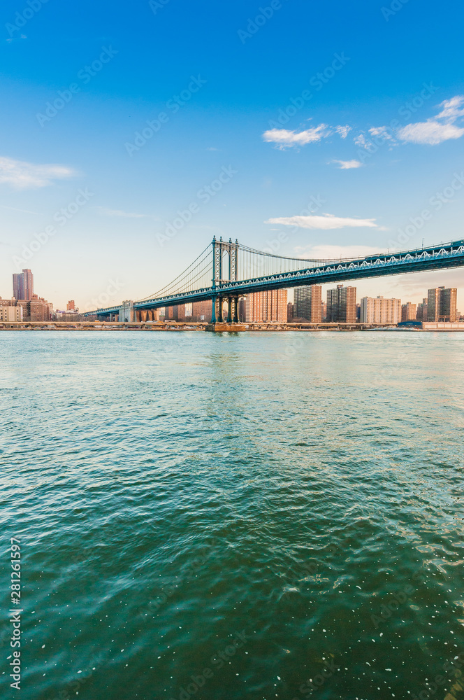 Naklejka premium Manhattan Skyline from Pebble Beach in Brooklyn, United States.