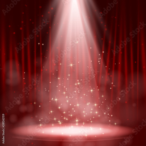 Empty stage lit with lights on red background