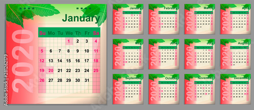 Colorful calendar for 2020. Design removable desktop or wall calendar.