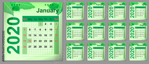 Colorful calendar for 2020. Template for desktop or wall calendar.
