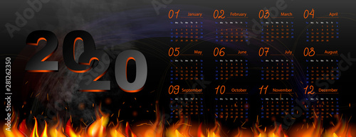 Colorful calendar for 2020. Wall mounted large poster, fire on black background.