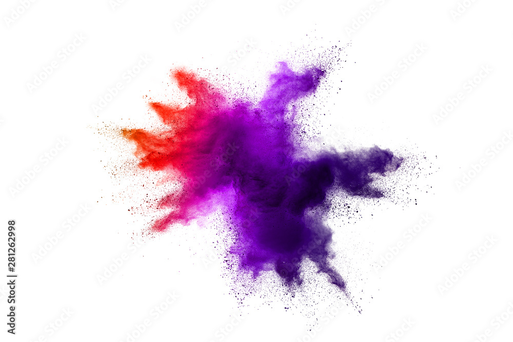 Freeze motion of purple color powder exploding on white background. Freeze motion of purple color powder exploding on white background.