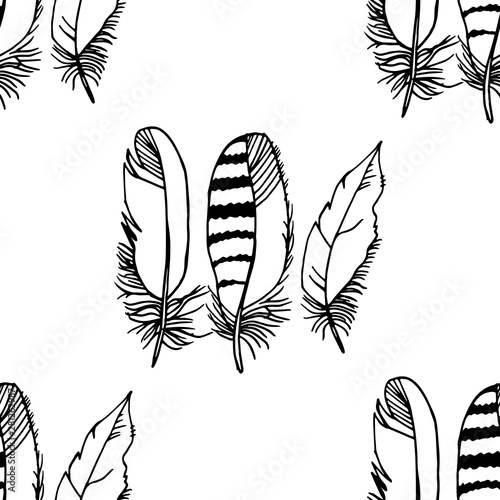 Obraz na plátně Mockingjay feather seamless pattern hand drawn sketch