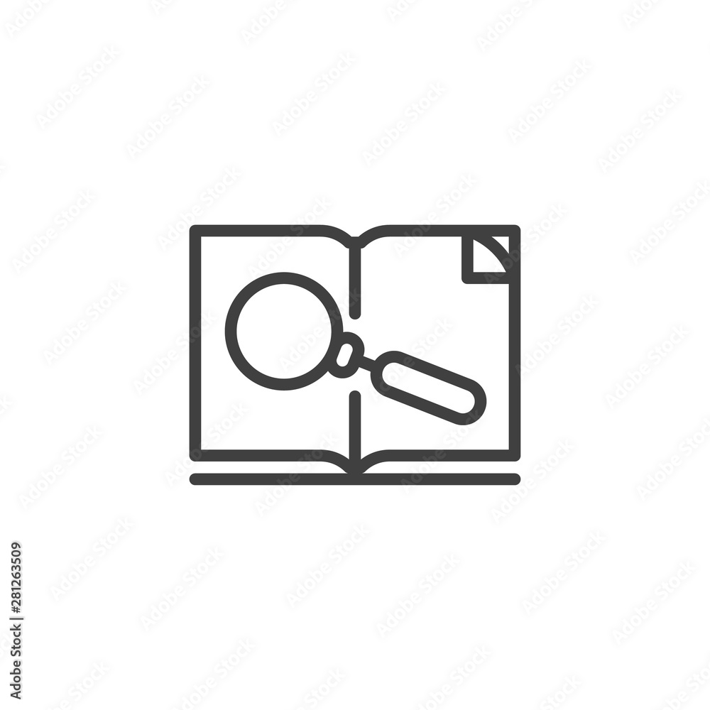 Reading book line icon. linear style sign for mobile concept and web design. Search book with magnifying glass outline vector icon. Symbol, logo illustration. Vector graphics Reading book line icon. linear style sign for mobile concept and web design. Search book with magnifying glass outline vector icon. Symbol, logo illustration. Vector graphics