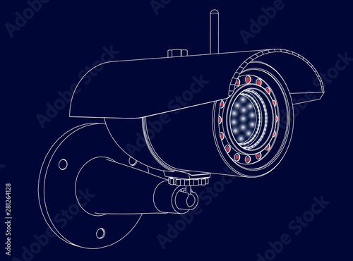 Contour of the surveillance camera with luminous lights. Vector illustration